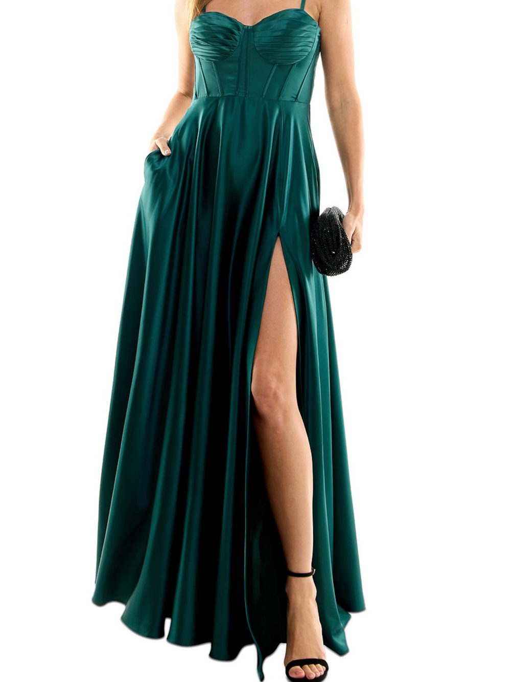 B Darlin Emerald Green Satin Bustier High-Slit Evening Gown
